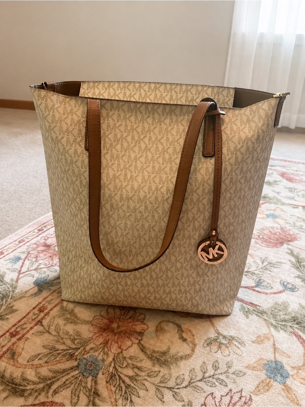 Michael Kors Beige Signature MK Logo Tote with Brown Leather Straps